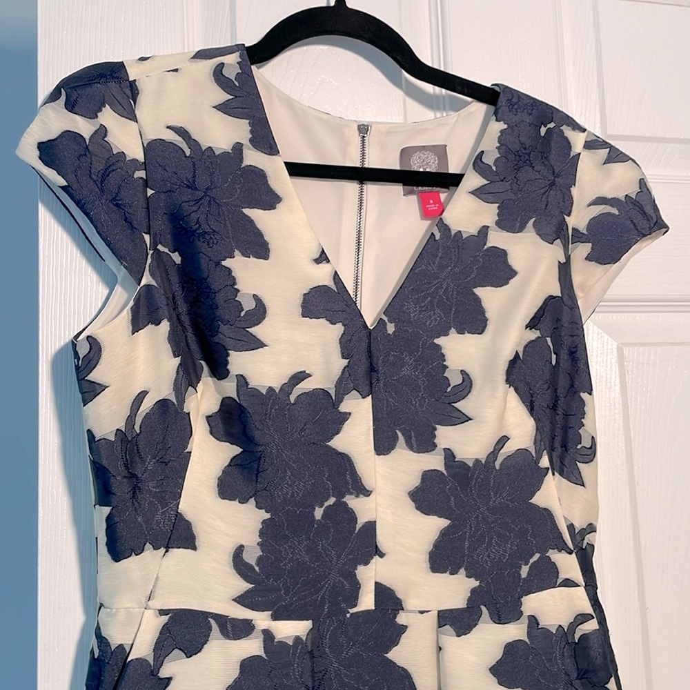Vince Camuto navy and cream jacquard floral dress.